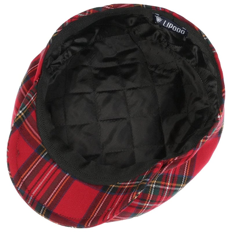 Lipodo Scottish Tartan Flat Cap Made in Italy Men Women Autumn Winter Quilted Lining Checked Pattern Red - Image 5
